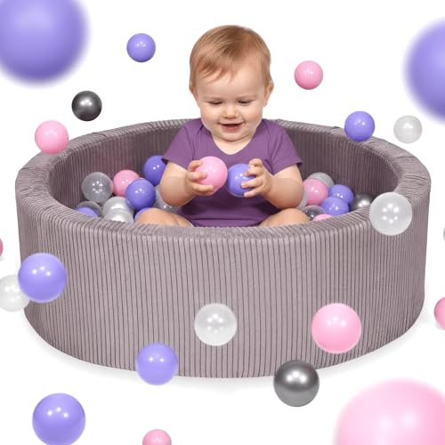 Mimii Bällebad für Kinder 110 x 30 cm mit 400 Bällen - Indoor Baby ab 1 Jahr Bällepool Cord Ballgruben Spielzeug für Kleinkinder - Lavender: Transparent/Perlmutt/Silber/Puderrosa/Lila