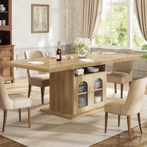 HSH Rechteckiger Esstisch und Küchentisch aus Holz für 4 bis 6 Personen, Esszimmertisch mit 3‑Etagen‑Schrank und verstellbaren Einlegeböden, stabil in Eichenoptik für Wohnzimmer, Wohnung, 160×80 cm