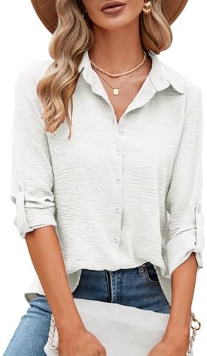 Odosalii Womens Blouses Rolled Up Long Sleeve V Neck Button Down Shirt | Elegant Work Office Business Casual Tunic Tops