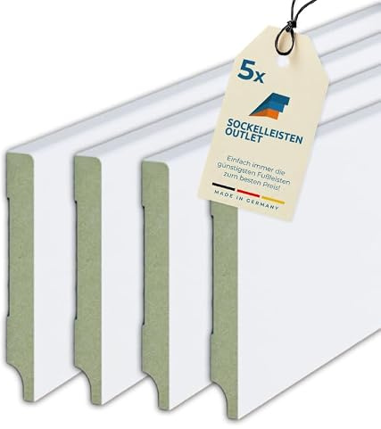 Vorteilspack 5 Stück - Sockelleisten Modern – Weiß grundiert MDF Fußbodenleiste – Maße: 2440 x 12 x 90 mm