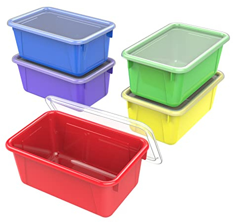Storex Small Cubby Bins – Plastic Storage Containers for Classroom with Non-Snap Lid, 12.2 x 7.8 x 5.1 inches, Assorted Colors, 5-Pack (62406U05C)