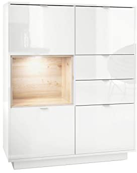 Vladon Highboard Sideboard Metro, Made in Germany, Korpus in Weiß Hochglanz/Fronten in Weiß Hochglanz mit Einsatz in Eiche Nordic, inkl. LED Beleuchtung