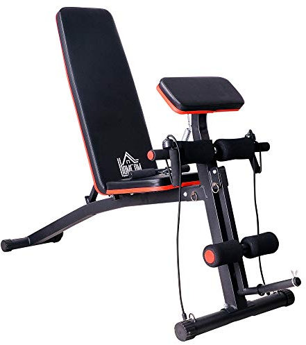 HOMCOM Banc de musculation pliable inclinable, banc réglable pour le développé couché, le curl biceps, la musculation du dos et des abdominaux, avec extenseur des jambes, acier, noir rouge