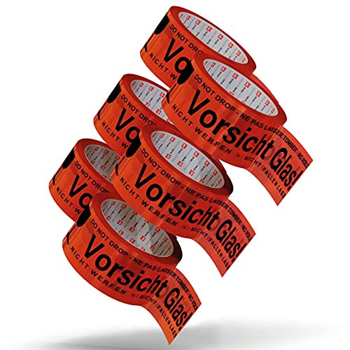 LILENO HOME Klebeband Vorsicht Glas 50mm x 66m [36 Rollen] leise abrollend - Paketklebeband Vorsicht zerbrechlich - Breites Packband als Packing Tape-Set - Rotes Paketband als Paket Klebeband