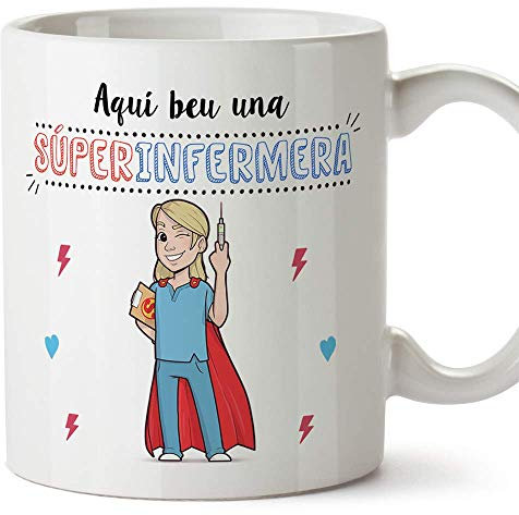 MUGFFINS Taza Enfermera (En Catalán) Aquí beu una Súper Infermera Taza Desayuno/Idea Regalo Día de la Tía. Cerámica 350 mL
