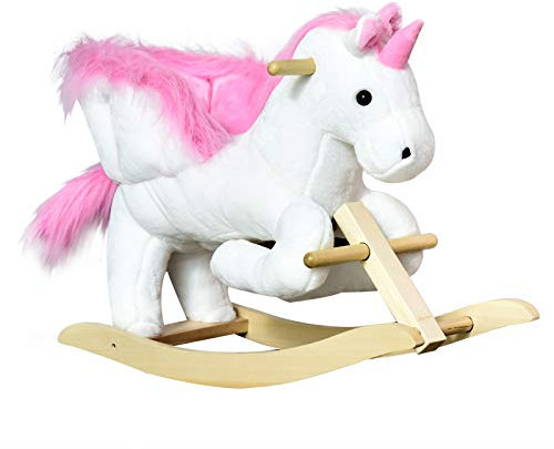HOMCOM Cavallo a Dondolo a Forma di Unicorno con Musica, Struttura in Metallo e Legno, Rivestimento Peluche, 65x32x55cm, Bianco Rosa