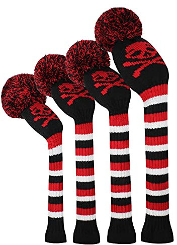 Meili Multi-Style Knit Golf Head Cover Set of 4 for Driver Wood*1, Fairway Wood*2 and Hybrid*1, Long Neck, Big Pom Pom, Low-Key Style, Suitable for men/women (Skull Pattern)