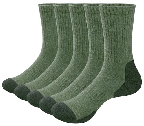 YUEDGE Men's Hiking Walking Socks, Moisture Wicking Mens Socks, Anti Blister Thick Padded Terry Cushioned Work Boot Crew Socks For Men, Multipack, 5 Pairs