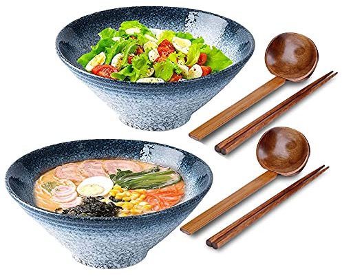 2 Set Tableware Ceramic Ramen Bowl - Japanese Noodles Bowls Dinner Sets for Pasta Soup Pho Mixing Salad Dishes Snack cereal Food with Spoons Chopsticks Kit 1000 Ml for New Home House Warming Gifts