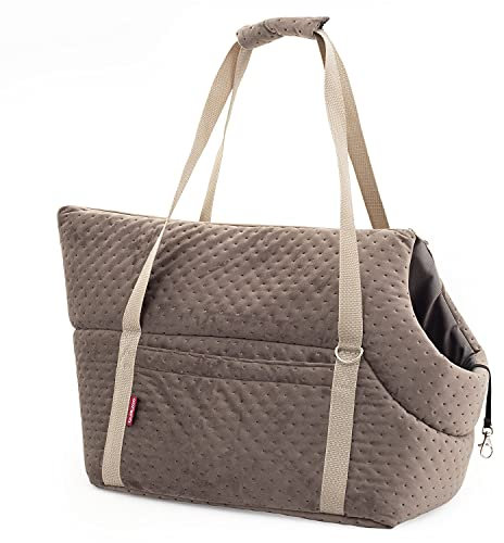 Transporttasche für Hunde und Katzen | Schultertasche für Haustiere mit Gummiband mit Karabiner | bis 5 kg | Material: Wildlederimitat - Velvet | Größe: S | Farbe: Braun
