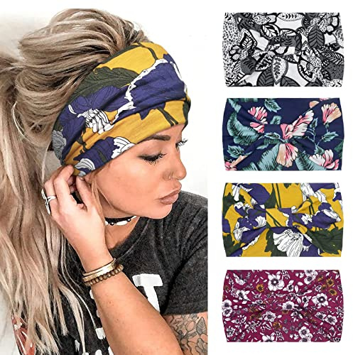 Kavya 4 Pièces Bandeau Cheveux Femme Large élastique Doux Boho Bandeau Cheveux Imprimé Léopard Yoga Sport Headband Multicolore Serre-tête Femme(G)