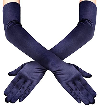 Long Opera Party Gloves for Women 1920s 20s Satin Gloves Costumes Elbow Length Bridal Evening Dress, 22 inches, Dark Blue, 22 inches long,4.7 inches wide when laying flat