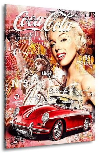 Kunstgestalten24 | Marilyn Monroe Porsche Pop Art Coke Wandbild | Leinwandbild mit Echtholz-Keilrahmen | Wandbild Gemälde Kunst Art | Hochwertige Kunstdrucke | XXL Bilder auf Leinwand | 30x40x2cm