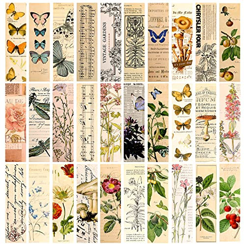 30 Stück ästhetische Lesezeichen für Buchliebhaber, Papier-Lesezeichen Vintage-Stil Buch-Accessoires natürlichen Stil Buchmarken niedliche Lesezeichen Pack Schmetterling Blume Pflanze Lesezeichen