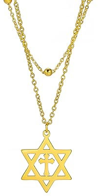 EUEAVAN Davidstern Halskette für Frauen Hexagramm Anhänger Halskette Amulett Symbo Jüdisch Israel Religiös David Schmuck Geschenk Frauen (Double Layered Kette Gold)