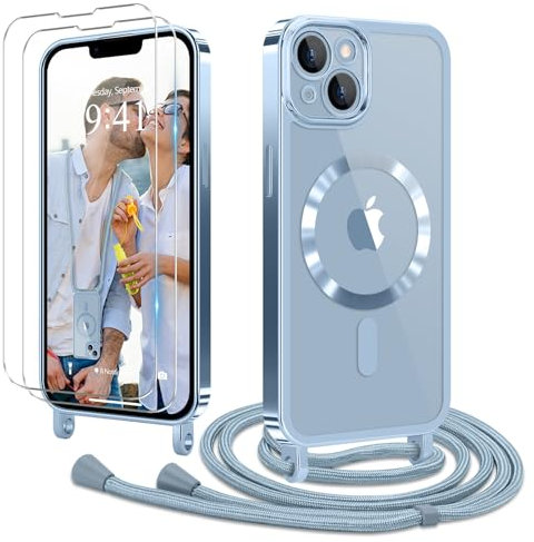 Ethanger Coque pour iPhone 13/iPhone 14 avec Cordon de Collier + 2×Verre Trempé, Coque Transparente Silicone TPU Bumper Etui Housse avec Cordon Réglable, Coque Magnétique pour iPhone 13/14 Bleu