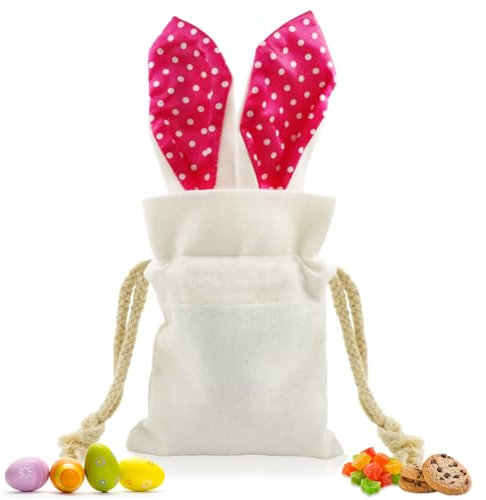Meanju Bolsa de Pascua de Lino Para Niños Con Cordón y Orejas de Conejo, Bolsa de Pascua Para Rellenar Bolsa de Regalos de Pascua Cesta de Pascua Regalos de Pascua Para Niñas Y Niños (Rosa)