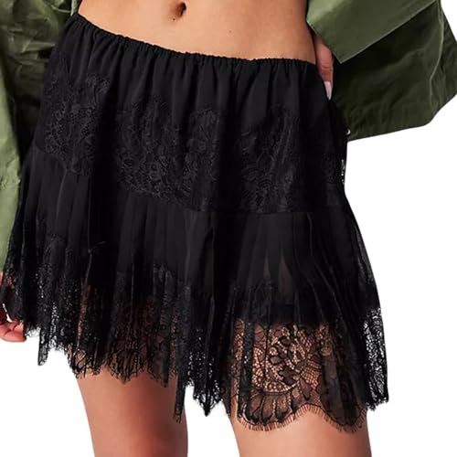 WangsCanis Women Y2k Lace Mini Skirt Ruffle Pleated Half Slip Skirt Midi Rise Layered Flowy Short Skirt Streetwear (Black, L)