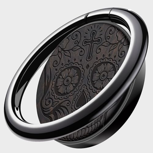 Carveit Wooden Phone Ring Holder Finger Stand Metal Grip Hook Phone Kickstand Compatible With Galaxy S24 Ultra S23 iPhone 15 Pro Max 12 13 14 Pixel 8-BlackWood/Black/Sugar Skull [1 Pack]