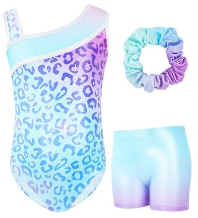 Gogokids Ensemble de Gymnastique Trois Pièces pour Filles, Justaucorps Sans Manches avec Shorts et Bandeau, Tenue de Gymnastique avec Design de Couleur Scintillants Dégradée pour 9 à 10 Ans