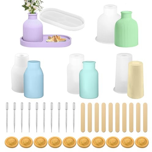 Rigidstone 5 Pcs Molde de Florero, Molde de Resina para Jarrón 4 Jarrones + 1 Bandeja Molde DIY Silicona Moldes De Silicona para Jarrone para Hacer Portaplumas, Jarrones