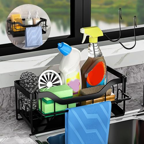 ZIGefofo Organizador para Fregadero de Cocina Negro Multifuncional 2 en 1 Estante de Renaje de Esponja Porta Esponja Cocina Fregadero para Esponja Tapón de Fregadero Cepillo y Paño