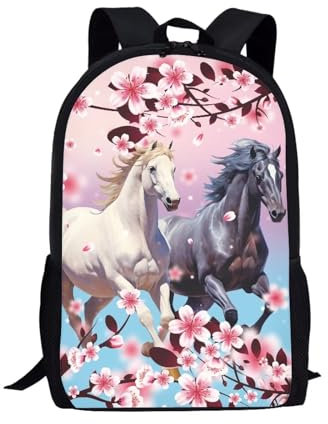 COEQINE Ästhetischer Pferde-Rucksack, Schulrucksack für Mädchen, Teenager, Kirschblüte, Mittelschule, Schultertasche, verstellbar, Kirschblütenpferd, One size