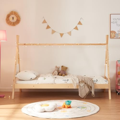 [en.casa] Kinderbett Siikajoki Tipi Bett Jugendbett Zelt Kleinkindbett mit Matratze Bettgestell aus Kiefernholz Abenteuerbett Bettenhaus 90x200cm Natur
