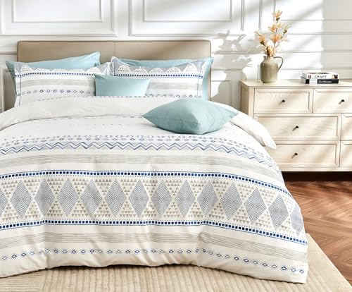 SLEEPBELLA Boho King Size Duvet Cover Set - Cotton Reversible Blue/White with Button Closure & Soft, Breathable Fabric
