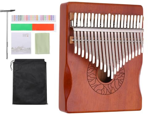 sourcing map Piano de pulgar de 21 teclas, mini piano de dedo portátil rojo, pasamanos con patrón de flores de madera de koa maciza con martillo de afinación, instrucciones de estudio de partituras
