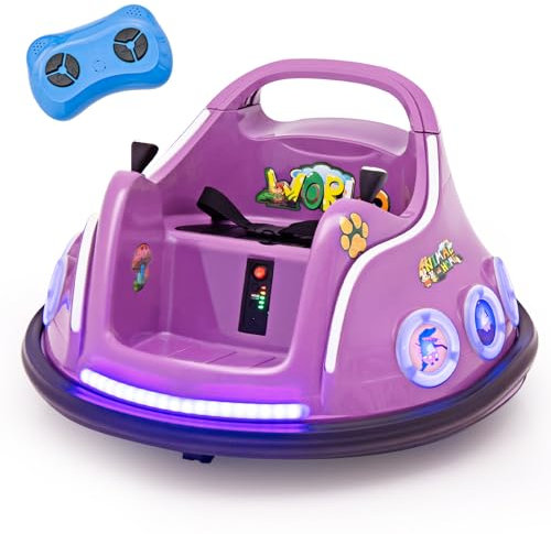 COSTWAY 12V Auto Tamponneuse Électrique Enfants avec Télécommande 2,4G, Voiture Tournante Bébé 360°avec Lumières Clignotantes & Musique, Motif d’Animé, Charge 30kg pour Enfants de 3-8 Ans