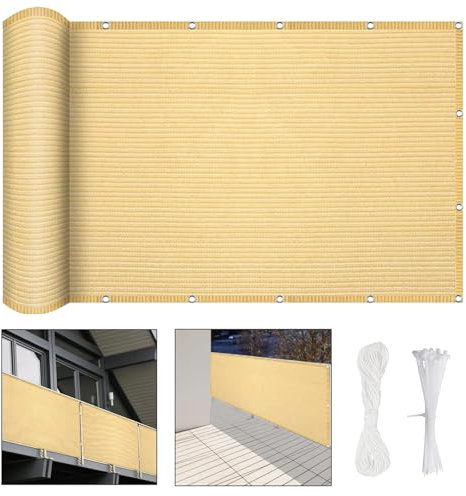 Brise Vue Balcon 350 x 90 cm en Polyéthylène Haute Densité, Brise-Vue pour Balcon Paravent Bâche Jardin, avec Attaches Câble et Cordons, pour Balcon, Porches, Jaune Sable