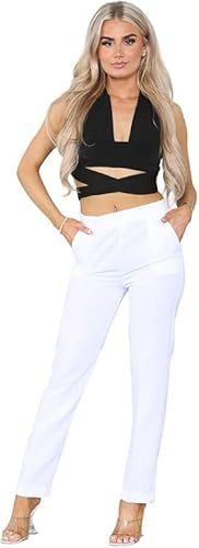 Trousers for Women Smart Suit Pants Ladies Trousers Finely Stitched Stretchy Half Elasticated Waist Pull Up (White L25 W14)