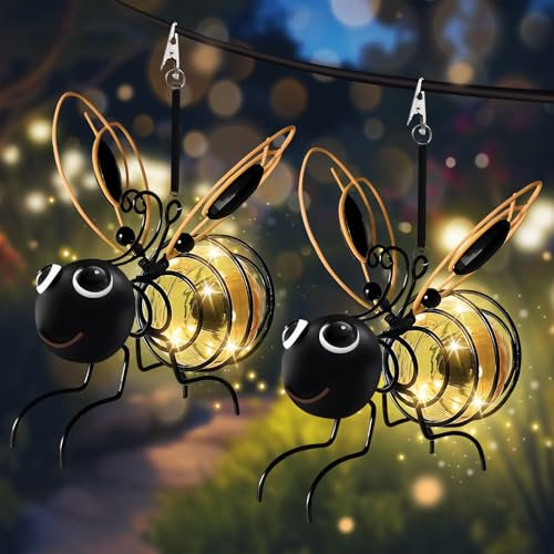 AKOFIC 2er-Pack Hängende Bienen-Solarlichter für Außen, Clip-on Solarleuchten Garten-Deko mit Federn, Solarlampen Tiere Wetterfest, Solar-Figuren für Garten, Balkon, Terrasse, Bäume, Pavillon