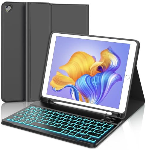 WINCHKING Clavier pour iPad 6 ème - Coque Clavier pour iPad 9,7 Pouces (6ème / 5ème), Rétroéclairage 7 Couleurs, AZERTY,