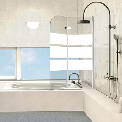 Ollewiellan Duschwand für Badewanne, 100x140cm 2-Teilig Duschwand Badewanne Faltbar,mit 6mm ESG Sicherheitsglas,Badewanne Duschwand Weiße Streifen,Glas Badewannenwand mit Badewannenaufsatz
