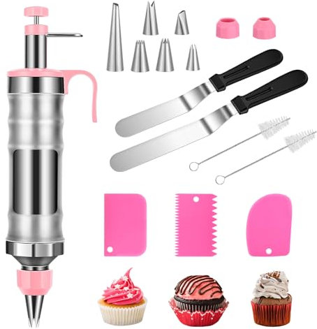 Tortenspritze, 14 Stück Garnierspritze Edelstahl Set, Tortenspritze Garnierspritze mit 6 Tüllen, Torten Zubehör Komplettes Kuchen Dekorieren Set, Wiederverwendbares Kuchenspritze für Kekse, Cupcakes