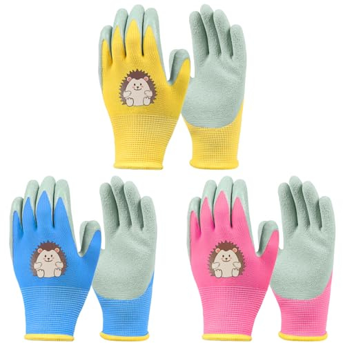Ainiv 3 Paar Kinder Arbeitshandschuhe, Gartenhandschuhe Kinder | Rutschfeste Latex Schutzhandschuhe mit Handflächenbeschichtung (L16 cm, B6,5 cm, Mittelfinger L6 cm)
