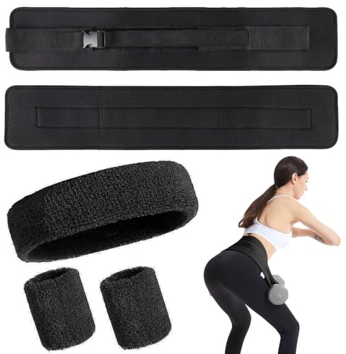 Übungs-Hüft-Schubgürtel, Booty-Gürtel für Hüftschub, verstellbarer Hüft-Schubgurt mit extra Polsterung, 1 Paar Armbänder, 1 Haarband für Hanteln, Kugelhanteln, Calisthenics, Training, Bodybuilding