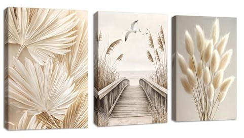 3 Pcs Beige Sonnenuntergang Meer Szenerie Leinwandbilder, Ästhetik Pflanzen Pampas Rohrkolben Wandbilder mit Rahmen, Bild Auf Leinwand Wandkunst Deko für Wohnzimmer Schlafzimmer Esszimmer 30x40cmx3
