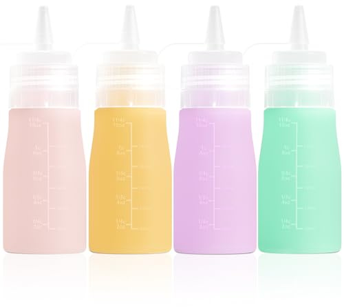 Mrsdry Condiment Squeeze Bottles, 12 oz Silicone Squeeze Bottles For Sauces, Leak Proof Condiment Container with Extra Interchangeable lid, Easy Squeeze for Oil, & Dressings(4 Pack)