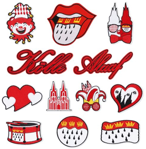 12 Stück Kölner Karneval Rot Weiß Bügelflicken, Süße bestickte Reparaturflicken zum Annähen oder Aufbügeln, Karneval Patches für Kleidung Jeans Hosen Nähen Hüte Bastelzubehör