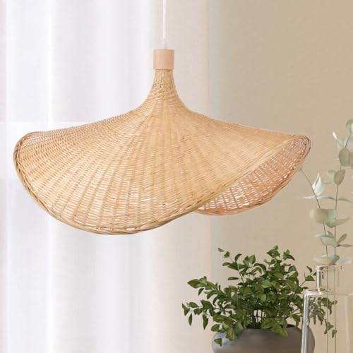 COOINJOY Pendelleuchte Bambus Natur – Flache Hängelampe im Boho Stil, Geflochtene Deckenlampe für Esszimmer, Wohnzimmer & Küche, E27(keine Glühbirne)