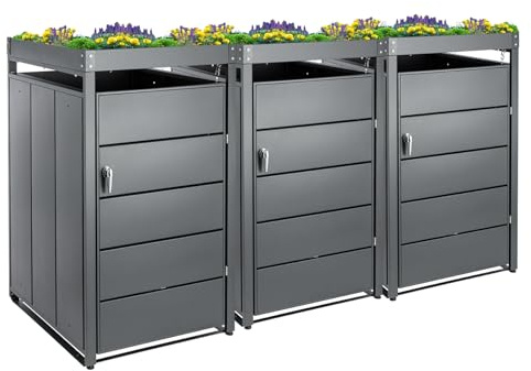 Mülltonnenbox für 3er Tonnen 120L/240 Liter Mülltonnenverkleidung Mit Pflanzdach aus Stahl Abschließbar Wetterfest Müllbox Tonnenhaus Abfallbehälter für Garten Einfahrt (Ganz in Schwarz)