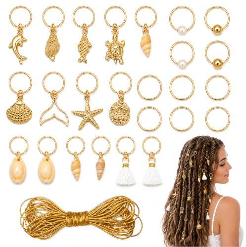 ZMaglorian Lote 24 Accesorios Pelo Mar ORO + 5m Cordón Dorado – Adornos Pelo Conchas Estrella Sirena, Joyería para Dreadlocks Festival Música Playa