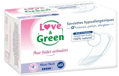 Love & Green - Serviettes Incontinence / Fuites urinaires - Protections écologiques absorbantes pour fuites urinaires légères à modérées - MAXI NUIT - 12 unités