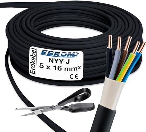 EBROM Erdkabel NYY-J 5x16 mm² Starkstromkabel Erdleitung schwarz -40 m | 1m bis 80 m - Elektrokabel zur Verlegung im freien oder im Erdreich - VDE 0276, Teil 603 - Nennspannung: 600/1000V, 5x16 mm2