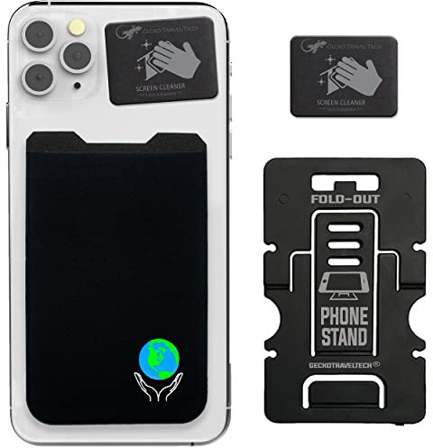 Gecko Handy-Geldbörse – Selbstklebende Kartenhalter – Handyhülle – zum Aufkleben auf Lycra-Tasche – für Kreditkarten und Earth Black