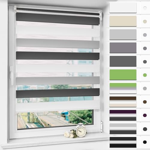 Magiea Doppelrollo Klemmfix ohne Bohren & mit Bohren, Weiß-grau-anthrazit B50 x H120 cm Stoffbreite 46 cm, Klemmrollo lichtdurchlässig und Blickdicht, Fensterrollo Sonnenschutzrollo für Fenster