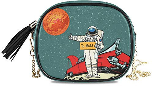 ALAZA Kleine Umhängetasche aus PU-Leder, Pop-Art, Retro-Astronaut, Weltraum, Cartoon, Handy-Tasche mit verstellbarem Kettenriemen und mehreren Taschen, Mehrfarbig, One_Size, Umhängetasche